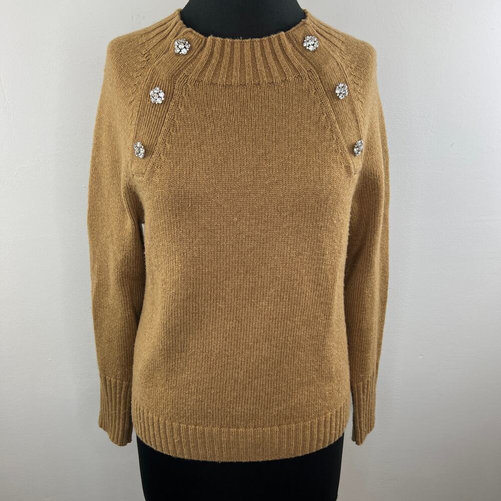 J. Crew Tan Long Sleeve Jeweled Buttons Lambswool Blend Pullover Sweater Size S